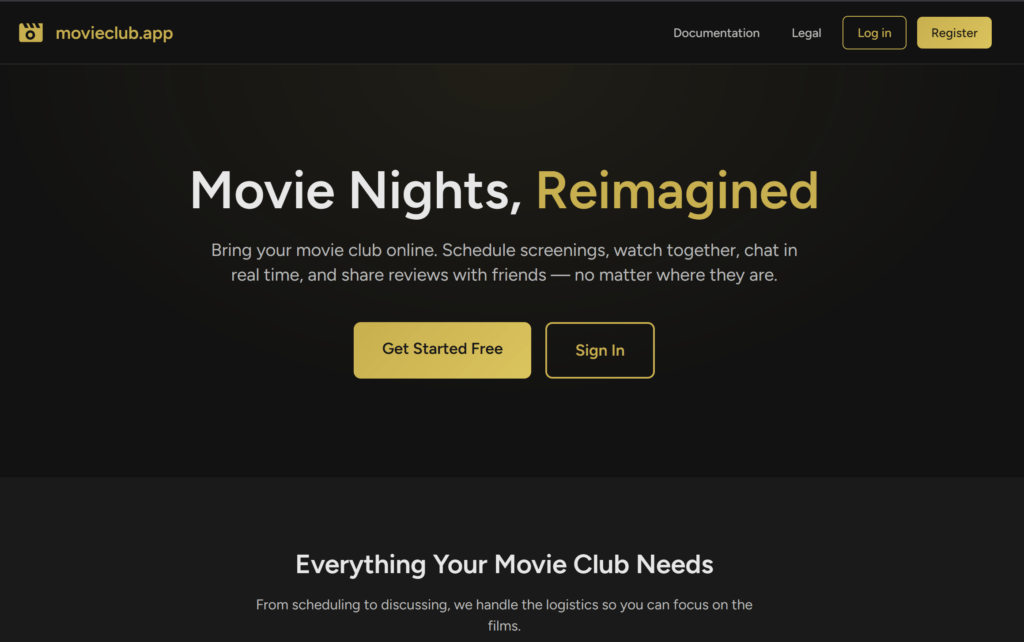 A screenshot of the movieclub.app homepage